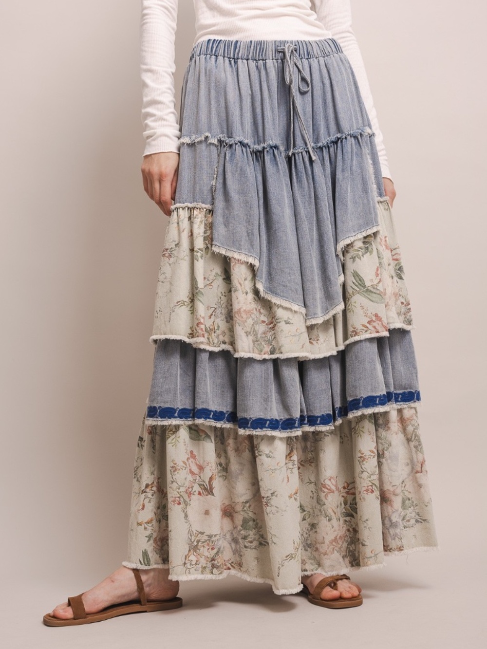 Bluevelvet Stretchy Waist Light Denim Floral Print Layered Maxi Skirt - Picture 2 of 7